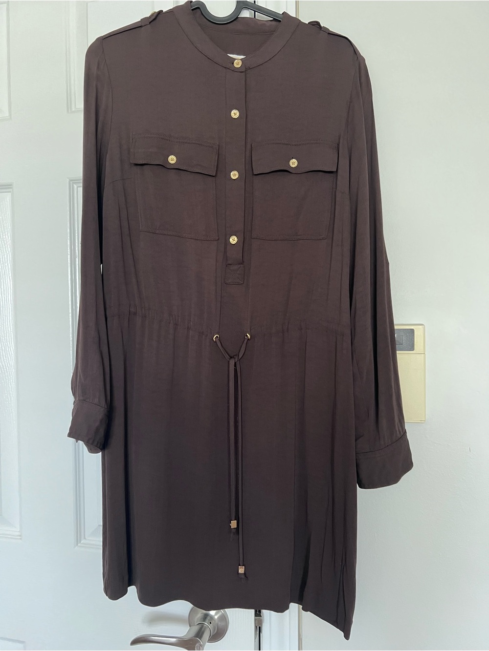 Michael Kors Dark Brown Long-Sleeve Drawstring Shirt Dress ,  SZ S, New